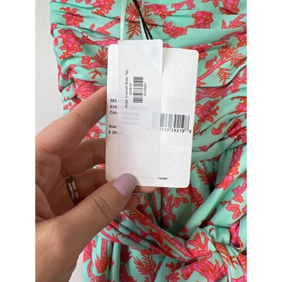 NWT Amur Spaghetti Straps Everett Bow Peplum Cropped Top Miami Sky Botanical - Picture 5 of 8